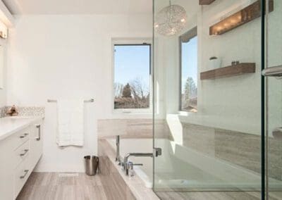 Lindin Design & Company | Spartanburg, SC | white bath with wood-look tiles